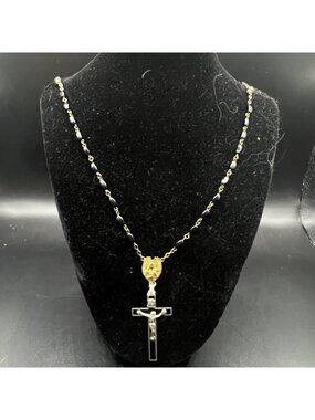 Vintage Rosary Necklace Black Stone Beads Crucifix Pendant  Religious Medal Japa